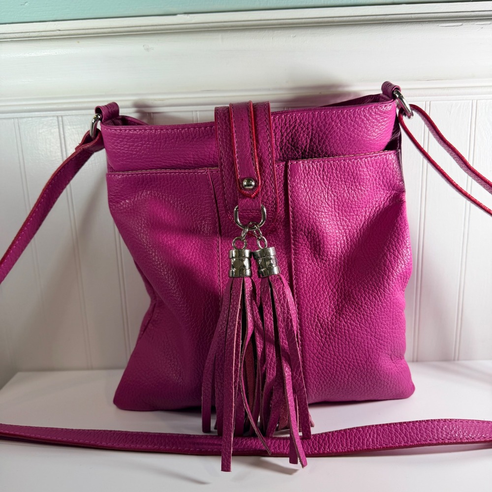 Genuine Leather Made in Italy Magenta Pink Tassel Crossbody Bag Pebbled Leather